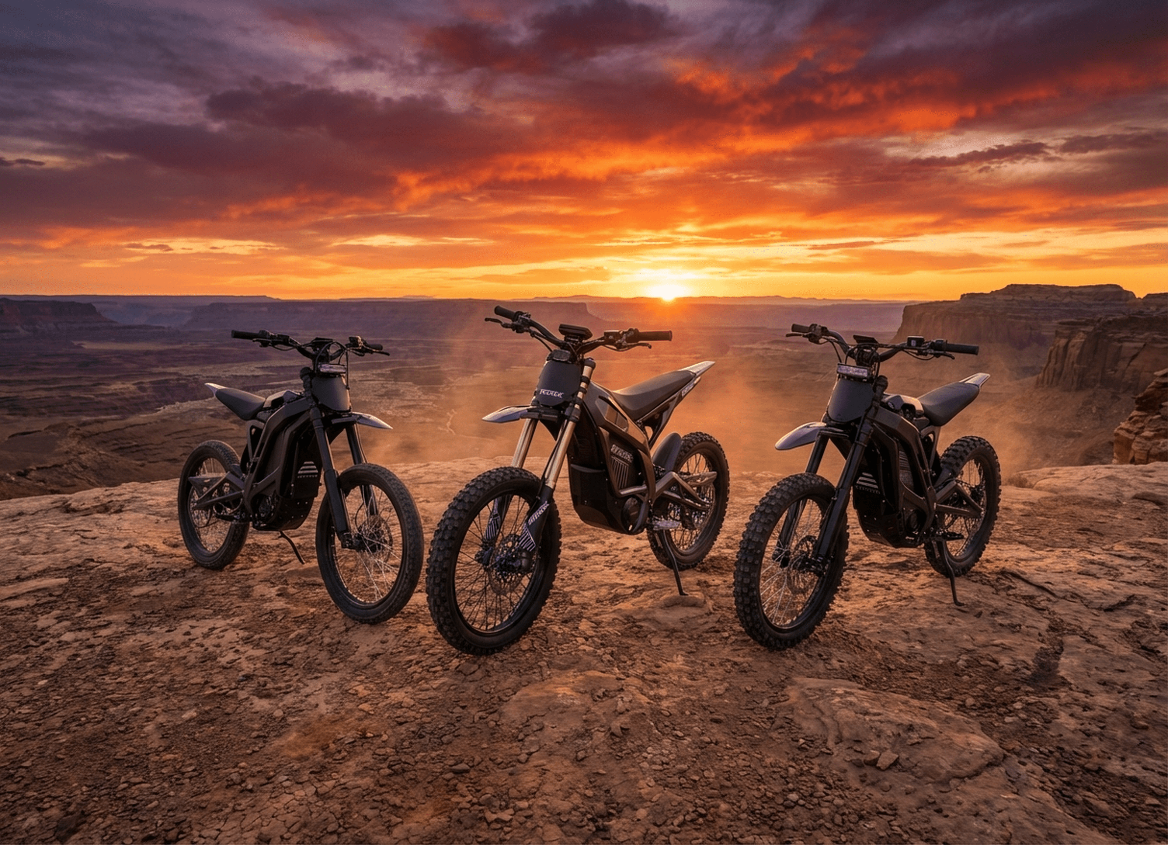 Electric dirt bikes at canyon rim sunset