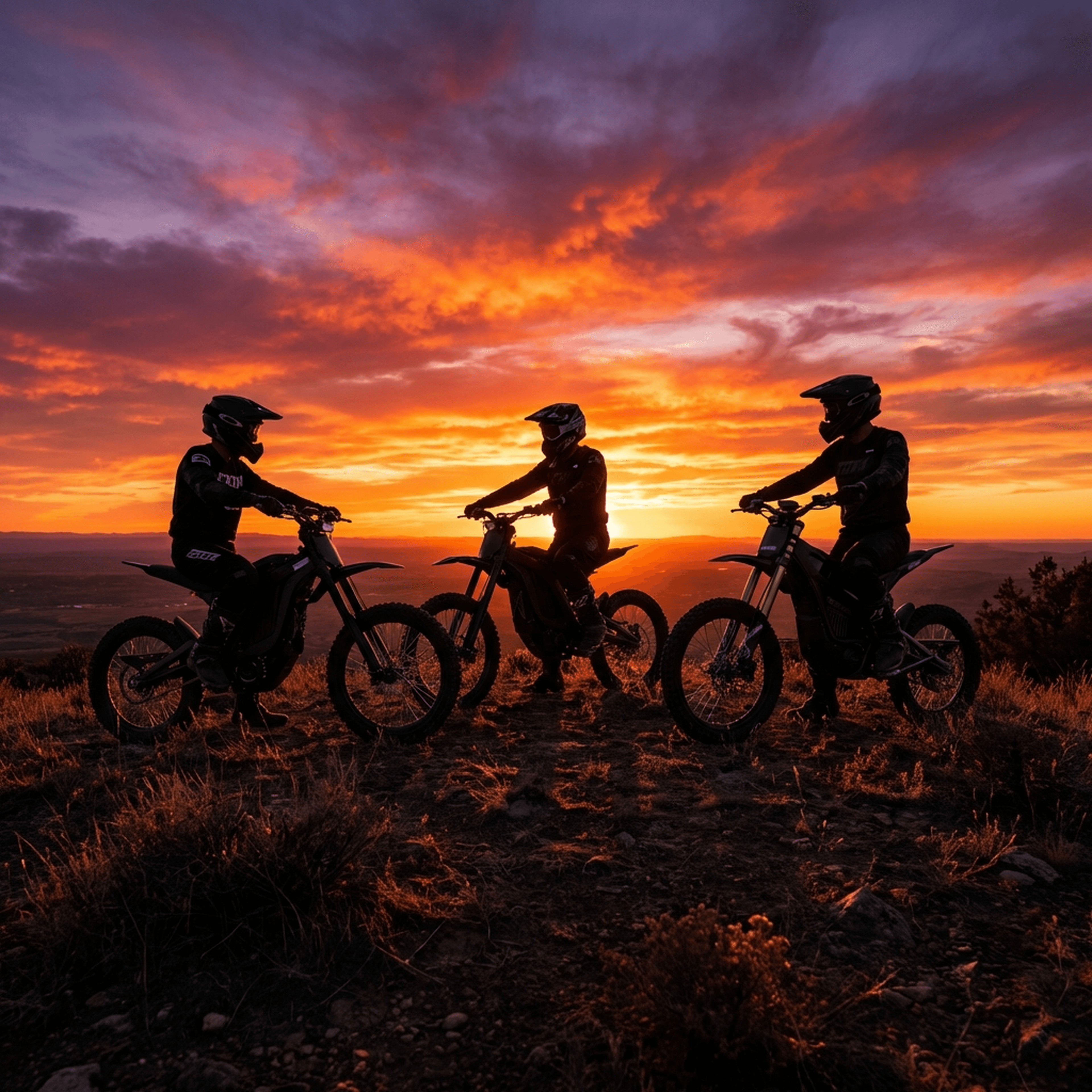 Three electric dirt bikes lined up at mountain summit