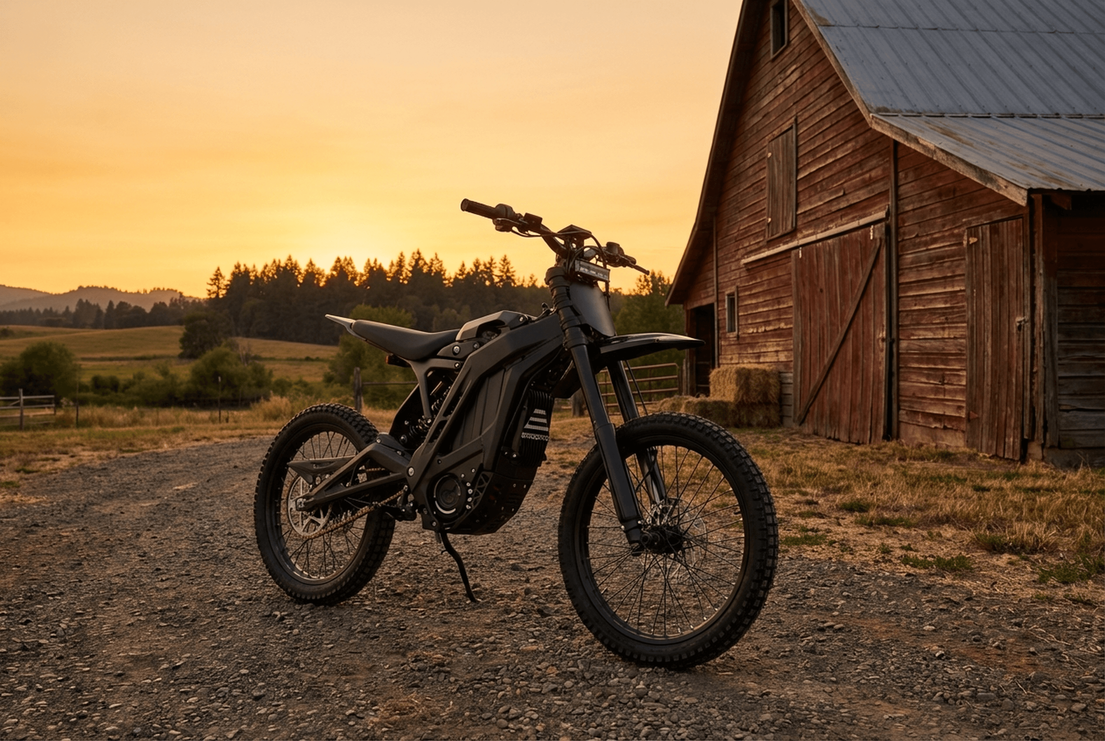 SS 3.0 parked by a barn at sunset