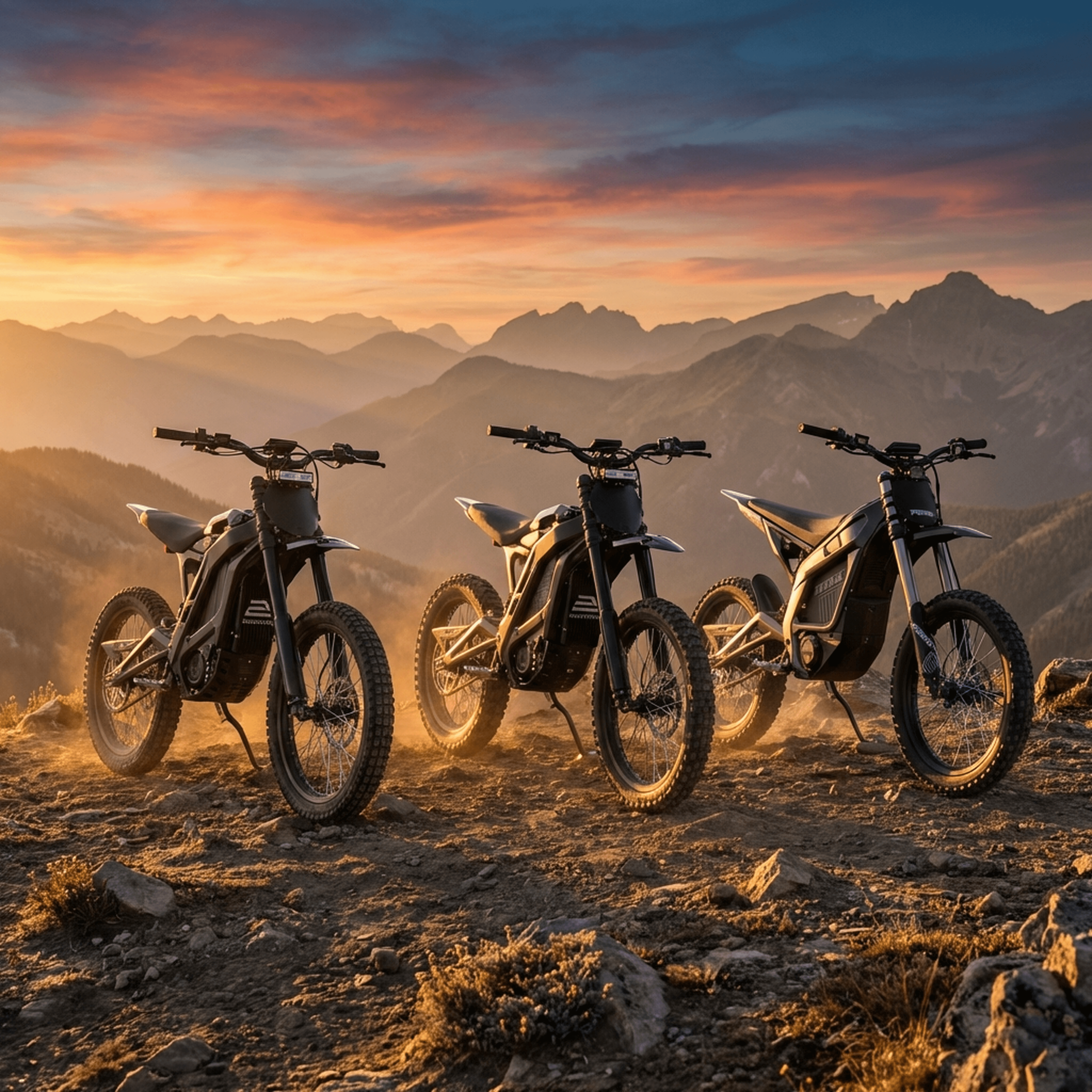 Three Send Bikes electric dirt bikes lined up on a mountain summit at golden hour