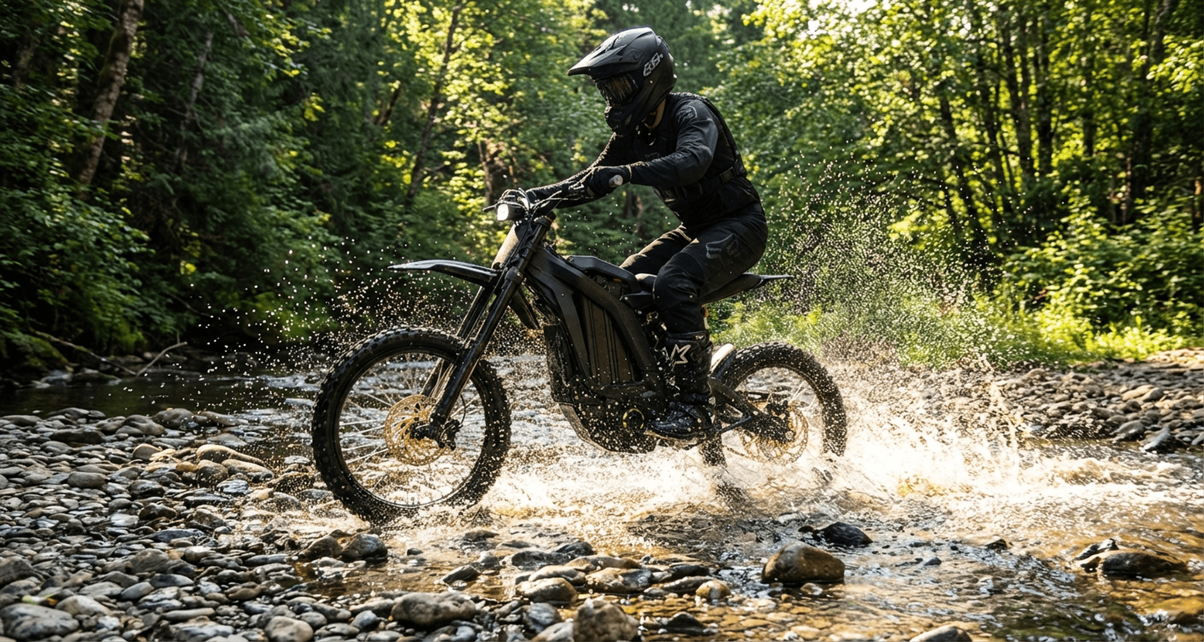 Rider charging up a ridgeline trail on the E Ride Pro SS 3.0 electric dirt bike at sunrise