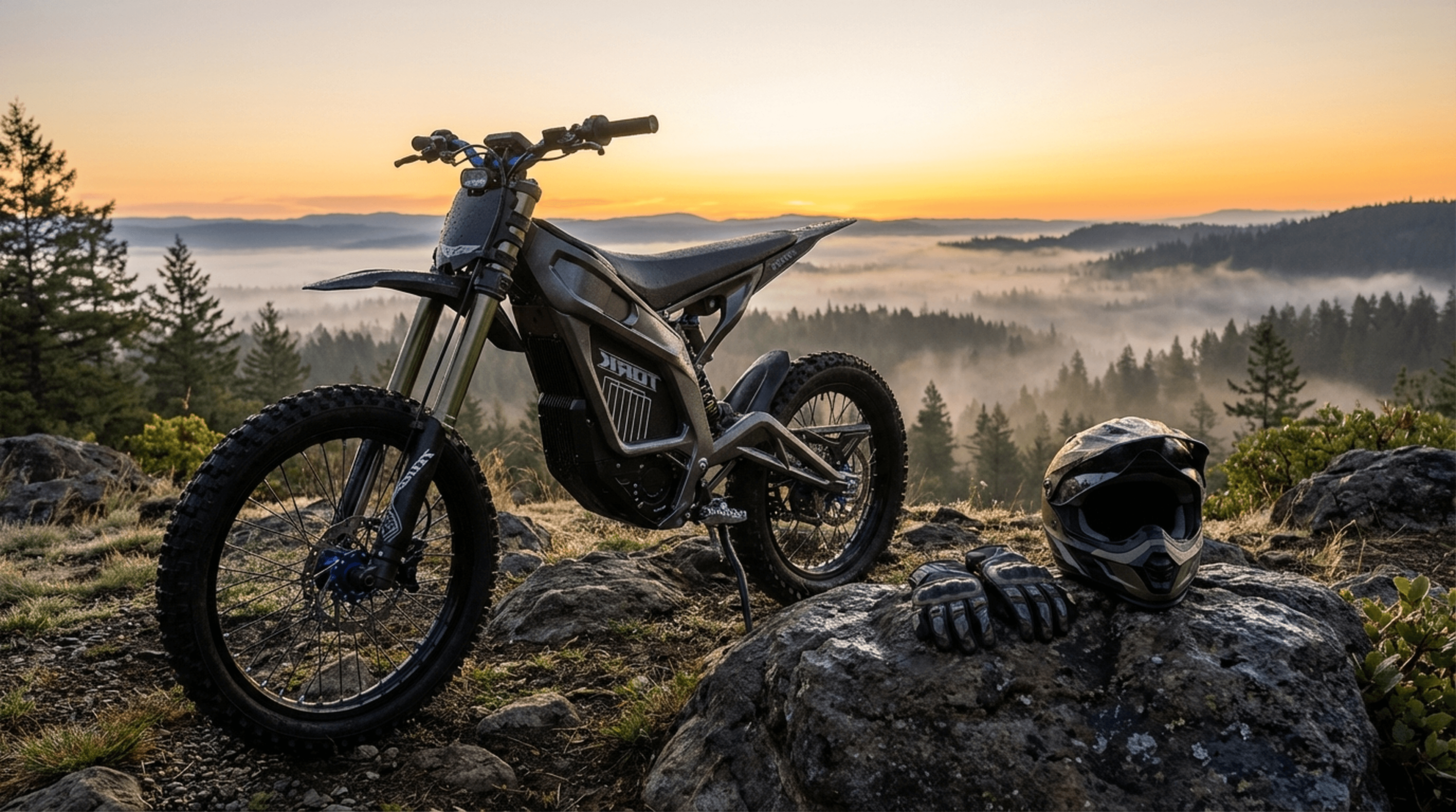 Tork Pro-Sport electric dirt bike overlooking a mountain valley at sunrise